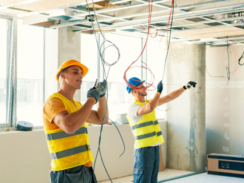 Electricista profesional trabajando en un cuadro eléctrico con equipamiento de seguridad
