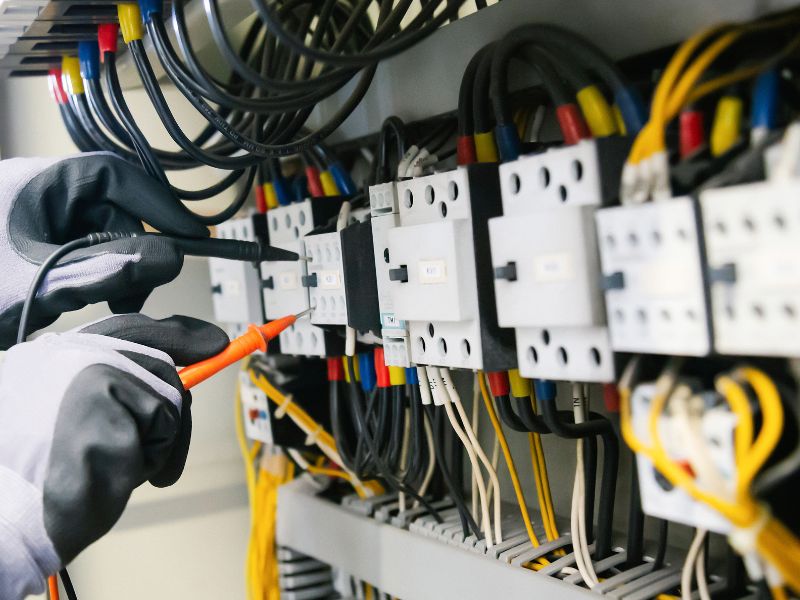 Electricista reparando instalación eléctrica con herramientas profesionales
